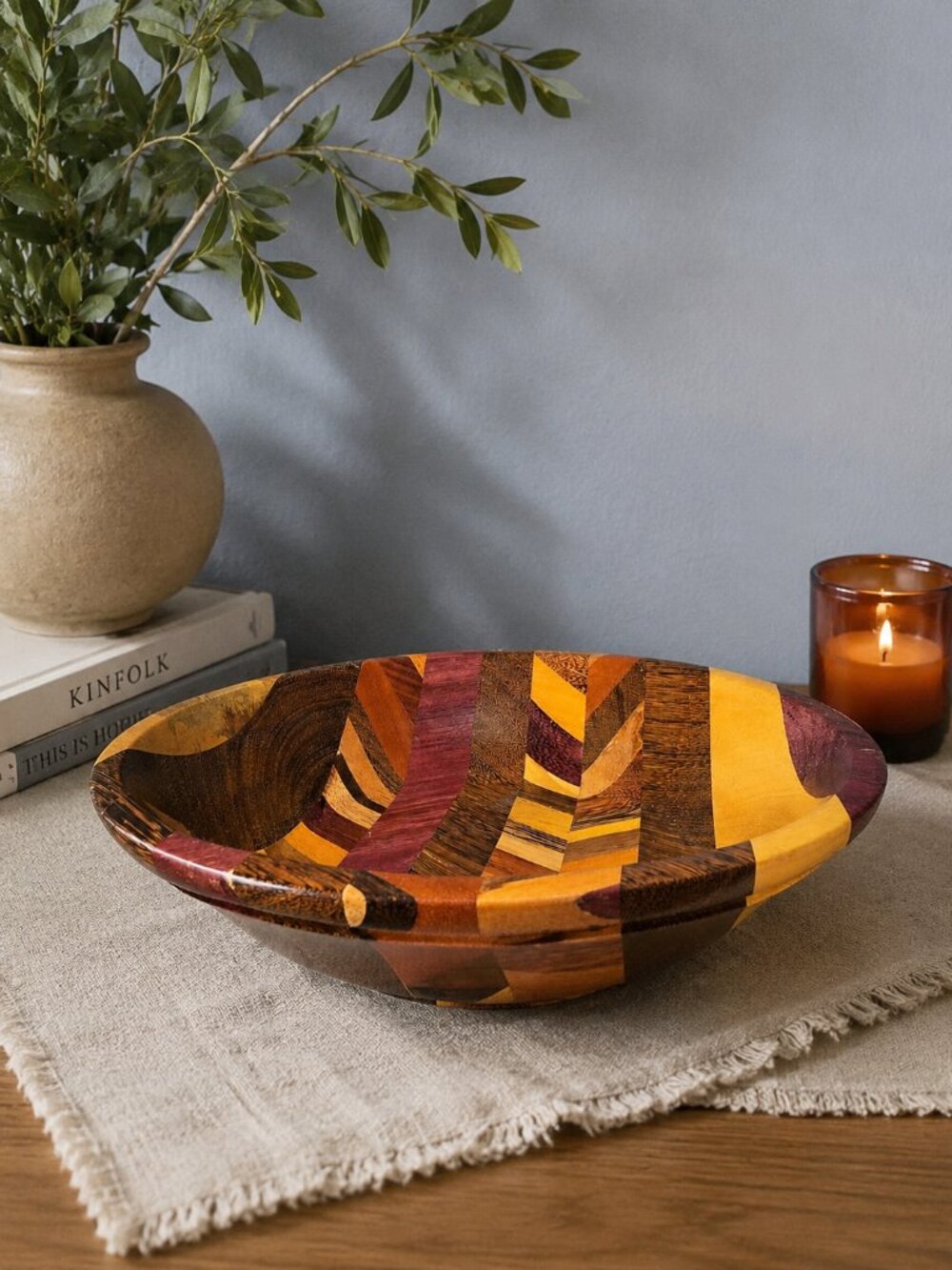 Vintage Hand Turned Multi Wood Segmented Art Bowl Boho MCM Styling Accent